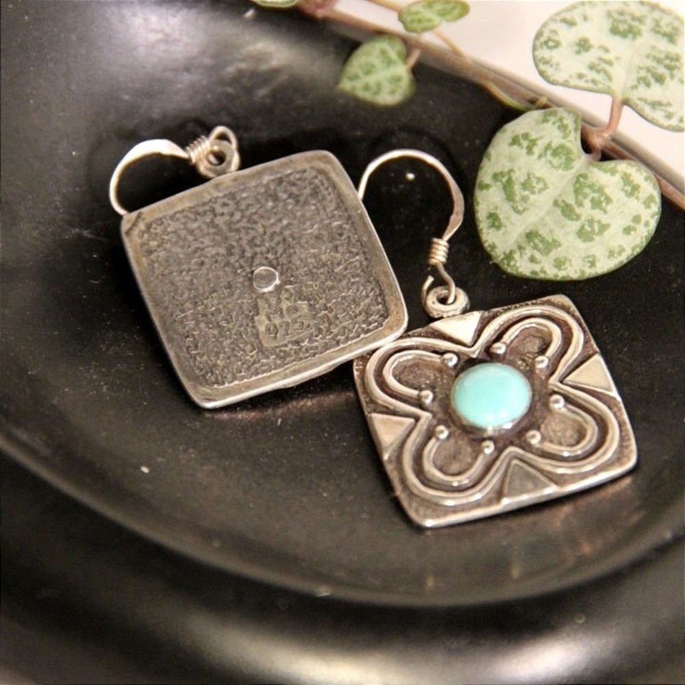 Vintage Sterling Silver 925 Turquoise Square Floral Drop Earrings French Hook